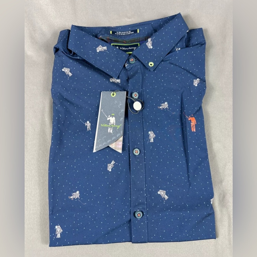 William Murray Golf Sport Shirt Polo The Right Stuff Print LS Large Blue